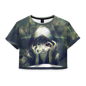 Женская футболка 3D укороченная с принтом Глаз , 100% полиэстер | круглая горловина, длина футболки до линии талии, рукава с отворотами | anime | ghoul | tokyo | tokyo ghoul | гуль | канеки | кен