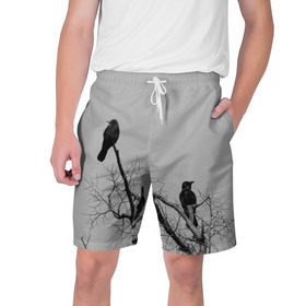 Мужские шорты 3D с принтом Вороны на ветке ,  полиэстер 100% | прямой крой, два кармана без застежек по бокам. Мягкая трикотажная резинка на поясе, внутри которой широкие завязки. Длина чуть выше колен | ветки | вороны | дерево