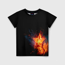 Детская футболка 3D с принтом Огненный цветок , 100% гипоаллергенный полиэфир | прямой крой, круглый вырез горловины, длина до линии бедер, чуть спущенное плечо, ткань немного тянется | огненный | огонь | пламя | цветок | цветы