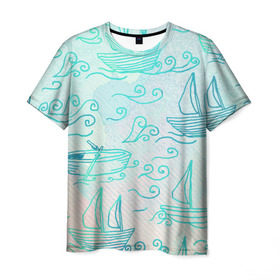 Мужская футболка 3D с принтом Лазурные корабли , 100% полиэфир | прямой крой, круглый вырез горловины, длина до линии бедер | арт | волны | корабли | лодки | море | океан