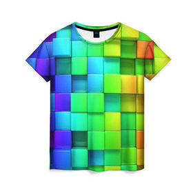 Женская футболка 3D с принтом Кубики , 100% полиэфир ( синтетическое хлопкоподобное полотно) | прямой крой, круглый вырез горловины, длина до линии бедер | квадраты | кубики | радуга | разноцветные
