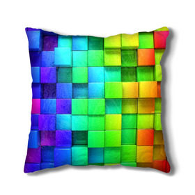 Подушка 3D с принтом Кубики , наволочка – 100% полиэстер, наполнитель – холлофайбер (легкий наполнитель, не вызывает аллергию). | состоит из подушки и наволочки. Наволочка на молнии, легко снимается для стирки | квадраты | кубики | радуга | разноцветные