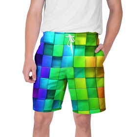 Мужские шорты 3D с принтом Кубики ,  полиэстер 100% | прямой крой, два кармана без застежек по бокам. Мягкая трикотажная резинка на поясе, внутри которой широкие завязки. Длина чуть выше колен | квадраты | кубики | радуга | разноцветные