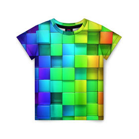 Детская футболка 3D с принтом Кубики , 100% гипоаллергенный полиэфир | прямой крой, круглый вырез горловины, длина до линии бедер, чуть спущенное плечо, ткань немного тянется | квадраты | кубики | радуга | разноцветные