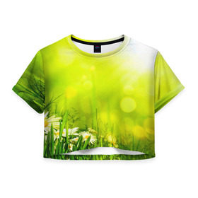 Женская футболка 3D укороченная с принтом Цветы , 100% полиэстер | круглая горловина, длина футболки до линии талии, рукава с отворотами | зелень | цветок | яркий