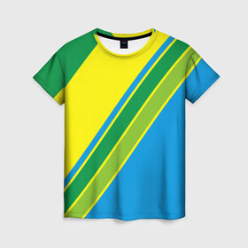 Женская футболка 3D с принтом Линии , 100% полиэфир ( синтетическое хлопкоподобное полотно) | прямой крой, круглый вырез горловины, длина до линии бедер | абстракция | желтый | зеленый | линии | полоски | полосы | разноцветные | синий | текстура