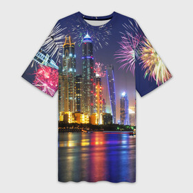 Платье-футболка 3D с принтом Салют в Дубае ,  |  | dubai | абу даби | арабские эмираты | ближний восток | богатство | бурдж халифа | дубай | изобилие | каникулы | мегаполис | нефть | оаэ | отпуск | персидский залив | праздник | роскошь | салют