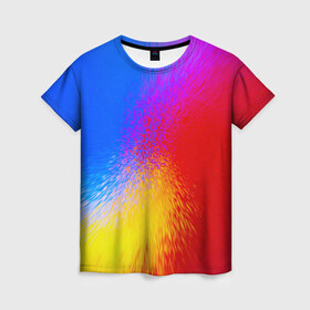 Женская футболка 3D с принтом Взрыв красок , 100% полиэфир ( синтетическое хлопкоподобное полотно) | прямой крой, круглый вырез горловины, длина до линии бедер | брызги | желтый | красный | синий