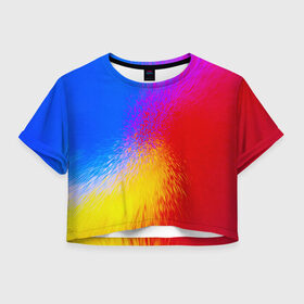 Женская футболка 3D укороченная с принтом Взрыв красок , 100% полиэстер | круглая горловина, длина футболки до линии талии, рукава с отворотами | брызги | желтый | красный | синий