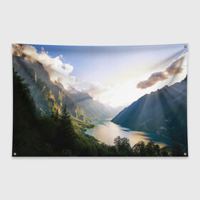 Флаг-баннер с принтом Горное озеро , 100% полиэстер | размер 67 х 109 см, плотность ткани — 95 г/м2; по краям флага есть четыре люверса для крепления | горы | лес | небо | озеро