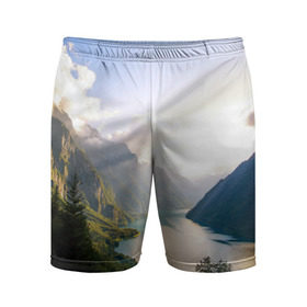 Мужские шорты 3D спортивные с принтом Горное озеро ,  |  | горы | лес | небо | озеро