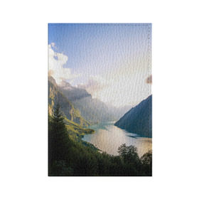 Обложка для паспорта матовая кожа с принтом Горное озеро , натуральная матовая кожа | размер 19,3 х 13,7 см; прозрачные пластиковые крепления | Тематика изображения на принте: горы | лес | небо | озеро