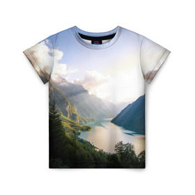 Детская футболка 3D с принтом Горное озеро , 100% гипоаллергенный полиэфир | прямой крой, круглый вырез горловины, длина до линии бедер, чуть спущенное плечо, ткань немного тянется | горы | лес | небо | озеро