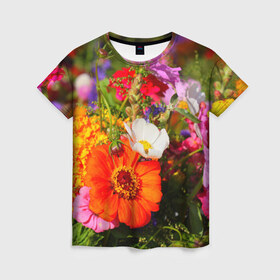 Женская футболка 3D с принтом Цветы , 100% полиэфир ( синтетическое хлопкоподобное полотно) | прямой крой, круглый вырез горловины, длина до линии бедер | лепесток | природа | цветок | яркая