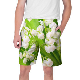 Мужские шорты 3D с принтом Ландыши ,  полиэстер 100% | прямой крой, два кармана без застежек по бокам. Мягкая трикотажная резинка на поясе, внутри которой широкие завязки. Длина чуть выше колен | весна | ландыш | цветок