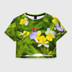 Женская футболка 3D укороченная с принтом Природа , 100% полиэстер | круглая горловина, длина футболки до линии талии, рукава с отворотами | божья коровка | красота | природа | цветок