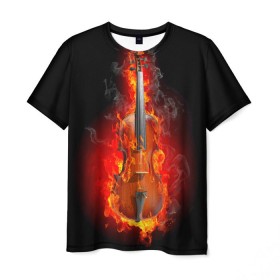 Мужская футболка 3D с принтом Скрипка , 100% полиэфир | прямой крой, круглый вырез горловины, длина до линии бедер | креатив | музыка | огонь | пламя | скрипка | черная