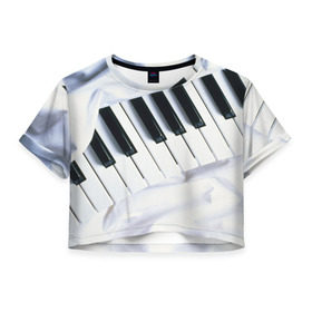Женская футболка 3D укороченная с принтом Клавиши , 100% полиэстер | круглая горловина, длина футболки до линии талии, рукава с отворотами | белая | клавиши | музыка | пианино | черная