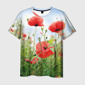 Мужская футболка 3D с принтом Дикий мак , 100% полиэфир | прямой крой, круглый вырез горловины, длина до линии бедер | зелень | лето | луг | лужайка | мак | небо | облака | поле | полевые цветы | природа | растения | растительность