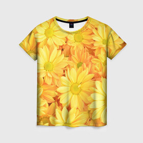 Женская футболка 3D с принтом Жёлтые хризантемы , 100% полиэфир ( синтетическое хлопкоподобное полотно) | прямой крой, круглый вырез горловины, длина до линии бедер | 