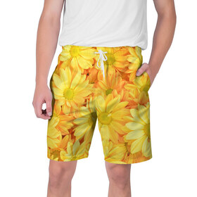 Мужские шорты 3D с принтом Жёлтые хризантемы ,  полиэстер 100% | прямой крой, два кармана без застежек по бокам. Мягкая трикотажная резинка на поясе, внутри которой широкие завязки. Длина чуть выше колен | 
