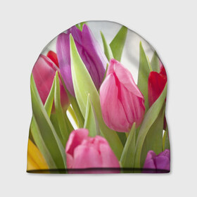 Шапка 3D с принтом Тюльпаны , 100% полиэстер | универсальный размер, печать по всей поверхности изделия | Тематика изображения на принте: 8 марта | аромат | букет | вазон | великолепие | дача | девушки | женщины | краски | красота | куст | лужайка | милые цветы | огород | палитра | прелесть | радуга | растение | тюльпаны