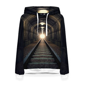 Женская толстовка 3D с принтом Бескрайний тоннель , 100% полиэстер  | двухслойный капюшон со шнурком для регулировки, мягкие манжеты на рукавах и по низу толстовки, спереди карман-кенгуру с мягким внутренним слоем. | железная дорога | иллюзия | коридор | свет в конце тоннеля | тоннель
