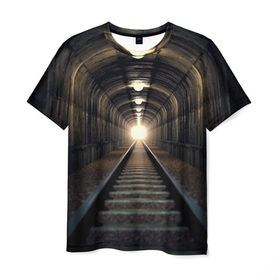 Мужская футболка 3D с принтом Бескрайний тоннель , 100% полиэфир | прямой крой, круглый вырез горловины, длина до линии бедер | железная дорога | иллюзия | коридор | свет в конце тоннеля | тоннель