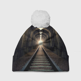Шапка 3D c помпоном с принтом Бескрайний тоннель , 100% полиэстер | универсальный размер, печать по всей поверхности изделия | Тематика изображения на принте: железная дорога | иллюзия | коридор | свет в конце тоннеля | тоннель