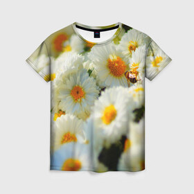 Женская футболка 3D с принтом Хризантемы , 100% полиэфир ( синтетическое хлопкоподобное полотно) | прямой крой, круглый вырез горловины, длина до линии бедер | белая | букет | красота | хризантема | цветок