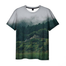 Мужская футболка 3D с принтом Туманный лес , 100% полиэфир | прямой крой, круглый вырез горловины, длина до линии бедер | веткгоры | деревья | лес | туман