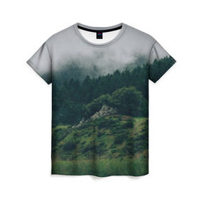 Женская футболка 3D с принтом Туманный лес , 100% полиэфир ( синтетическое хлопкоподобное полотно) | прямой крой, круглый вырез горловины, длина до линии бедер | веткгоры | деревья | лес | туман