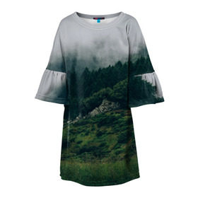 Детское платье 3D с принтом Туманный лес , 100% полиэстер | прямой силуэт, чуть расширенный к низу. Круглая горловина, на рукавах — воланы | веткгоры | деревья | лес | туман