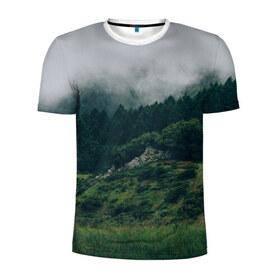 Мужская футболка 3D спортивная с принтом Туманный лес , 100% полиэстер с улучшенными характеристиками | приталенный силуэт, круглая горловина, широкие плечи, сужается к линии бедра | Тематика изображения на принте: веткгоры | деревья | лес | туман