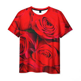 Мужская футболка 3D с принтом Розы , 100% полиэфир | прямой крой, круглый вырез горловины, длина до линии бедер | букет | красная | лепестки | роза | цветы