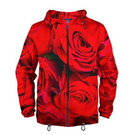 Мужская ветровка 3D с принтом Розы , 100% полиэстер | подол и капюшон оформлены резинкой с фиксаторами, два кармана без застежек по бокам, один потайной карман на груди | Тематика изображения на принте: букет | красная | лепестки | роза | цветы