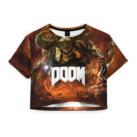 Женская футболка 3D укороченная с принтом Doom 4 Hell Cyberdemon , 100% полиэстер | круглая горловина, длина футболки до линии талии, рукава с отворотами | cyberdemon | demon | doom | hell | дум