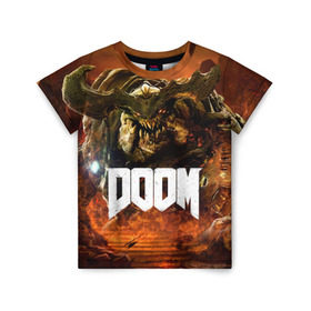 Детская футболка 3D с принтом Doom 4 Hell Cyberdemon , 100% гипоаллергенный полиэфир | прямой крой, круглый вырез горловины, длина до линии бедер, чуть спущенное плечо, ткань немного тянется | Тематика изображения на принте: cyberdemon | demon | doom | hell | дум