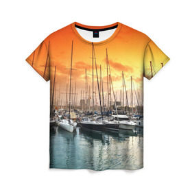 Женская футболка 3D с принтом Barcelona , 100% полиэфир ( синтетическое хлопкоподобное полотно) | прямой крой, круглый вырез горловины, длина до линии бедер | barcelona | spain | барселона | европа | закат | испания | каталония | море | парусник | фрегат | яхта