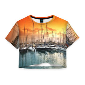 Женская футболка 3D укороченная с принтом Barcelona , 100% полиэстер | круглая горловина, длина футболки до линии талии, рукава с отворотами | barcelona | spain | барселона | европа | закат | испания | каталония | море | парусник | фрегат | яхта