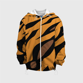 Детская куртка 3D с принтом Шерсть тигра , 100% полиэстер | застежка — молния, подол и капюшон оформлены резинкой с фиксаторами, по бокам — два кармана без застежек, один потайной карман на груди, плотность верхнего слоя — 90 г/м2; плотность флисового подклада — 260 г/м2 | оранжевый | текстура | тигр