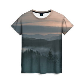 Женская футболка 3D с принтом Туман в горах , 100% полиэфир ( синтетическое хлопкоподобное полотно) | прямой крой, круглый вырез горловины, длина до линии бедер | ветки | деревья | лес | туман