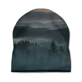 Шапка 3D с принтом Туман в горах , 100% полиэстер | универсальный размер, печать по всей поверхности изделия | Тематика изображения на принте: ветки | деревья | лес | туман
