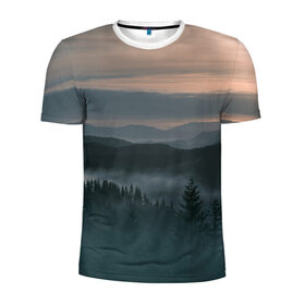 Мужская футболка 3D спортивная с принтом Туман в горах , 100% полиэстер с улучшенными характеристиками | приталенный силуэт, круглая горловина, широкие плечи, сужается к линии бедра | Тематика изображения на принте: ветки | деревья | лес | туман
