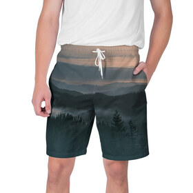 Мужские шорты 3D с принтом Туман в горах ,  полиэстер 100% | прямой крой, два кармана без застежек по бокам. Мягкая трикотажная резинка на поясе, внутри которой широкие завязки. Длина чуть выше колен | Тематика изображения на принте: ветки | деревья | лес | туман