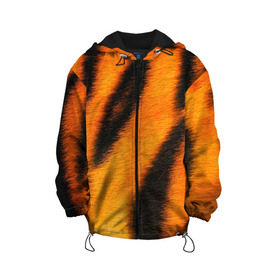 Детская куртка 3D с принтом Шкура тигра , 100% полиэстер | застежка — молния, подол и капюшон оформлены резинкой с фиксаторами, по бокам — два кармана без застежек, один потайной карман на груди, плотность верхнего слоя — 90 г/м2; плотность флисового подклада — 260 г/м2 | Тематика изображения на принте: кошка | полосатая | текстуры | тигр