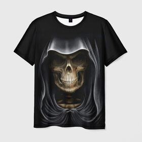 Мужская футболка 3D с принтом Скелет в капюшоне , 100% полиэфир | прямой крой, круглый вырез горловины, длина до линии бедер | 