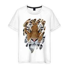 Мужская футболка хлопок с принтом Ярость тигра , 100% хлопок | прямой крой, круглый вырез горловины, длина до линии бедер, слегка спущенное плечо. | Тематика изображения на принте: tiger | дикая кошка | тигр | хищник