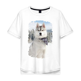Мужская футболка хлопок Oversize с принтом Волк в зимнем лесу , 100% хлопок | свободный крой, круглый ворот, “спинка” длиннее передней части | серый | хаски