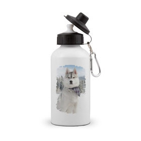 Бутылка спортивная с принтом Волк в зимнем лесу , металл | емкость — 500 мл, в комплекте две пластиковые крышки и карабин для крепления | Тематика изображения на принте: серый | хаски